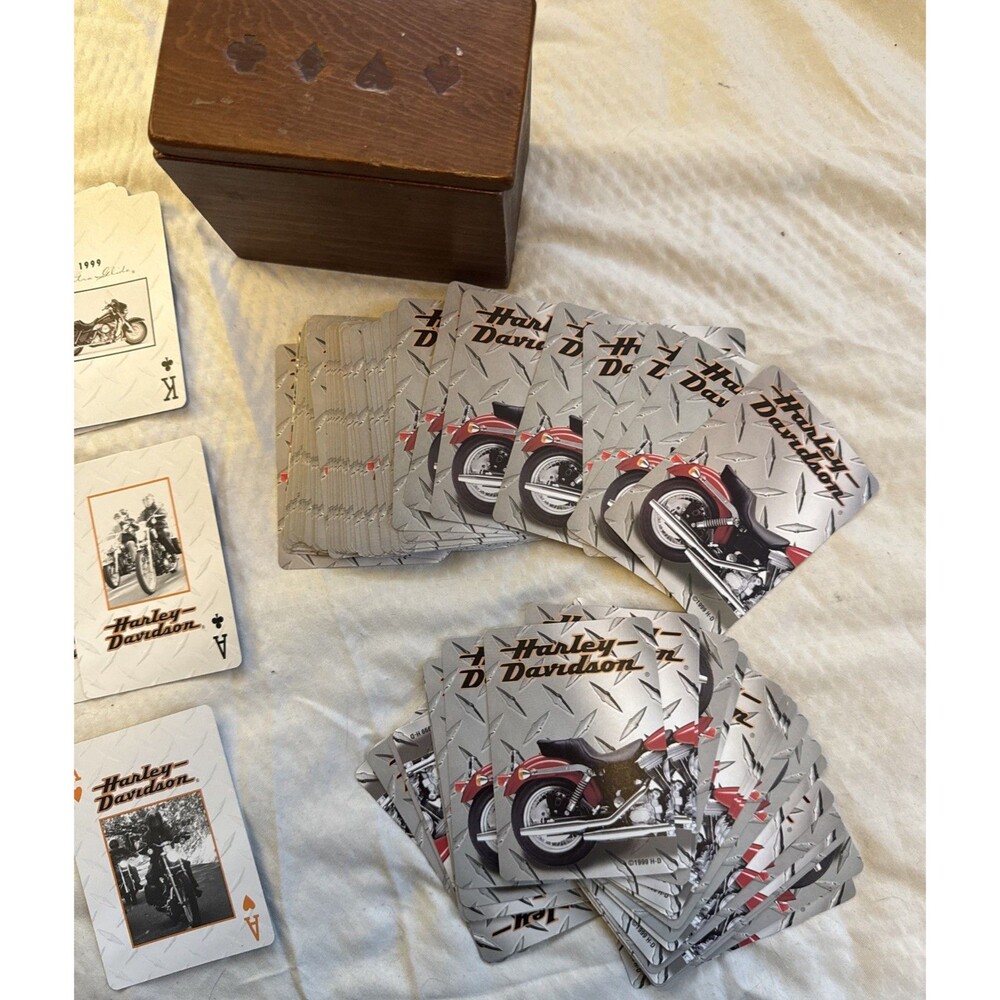Harley Davidson Playing Cards Set w/ Wooden Box Vintage Motorcycle Deck Complete
